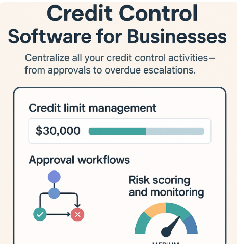 Credit Control Software dashboard showing credit limit management, approval workflows, and risk scoring