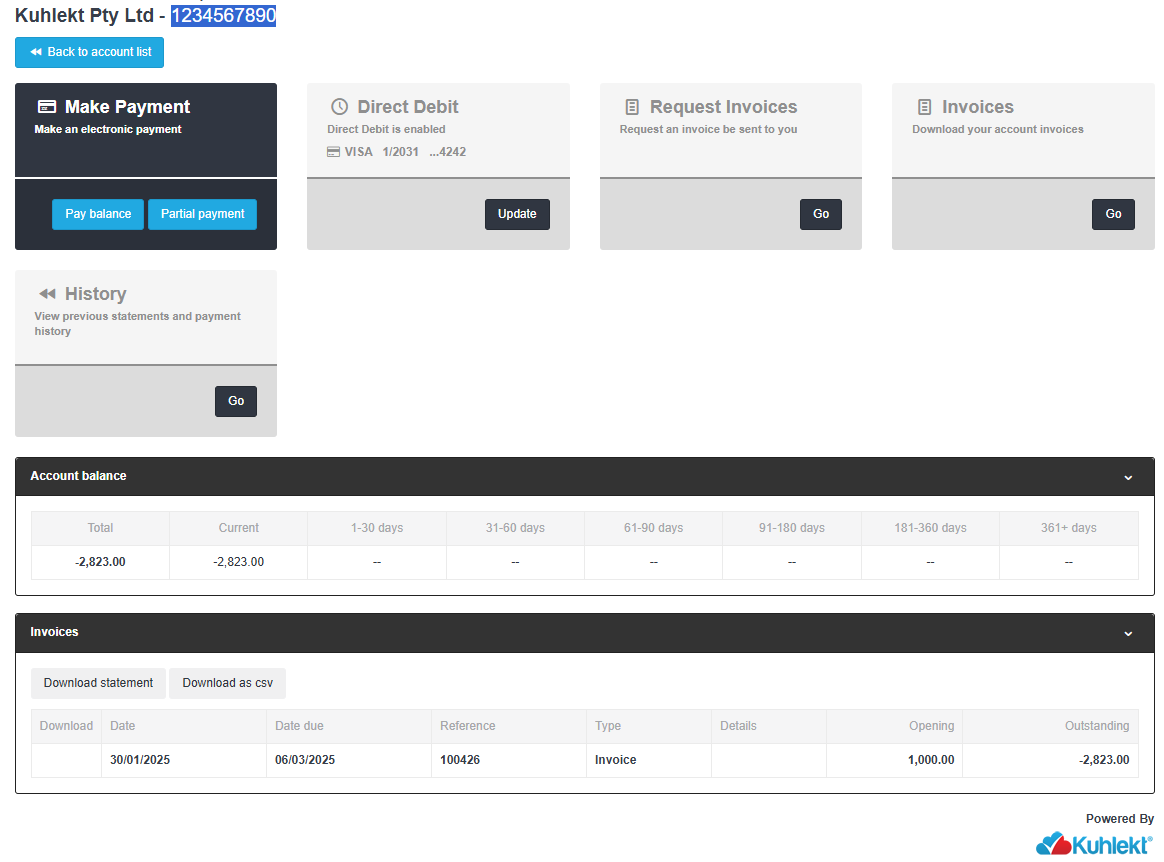 Customer credit portal interface showing payment options, invoices, and account balance