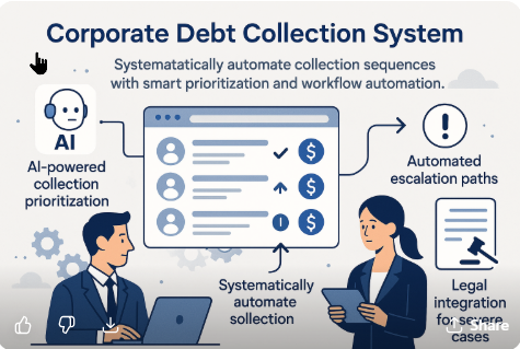 Corporate Debt Collection System interface with AI-powered prioritization and professional users