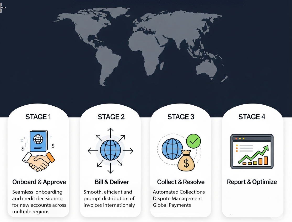 Enterprise Receivables Software dashboard showing 4-stage workflow