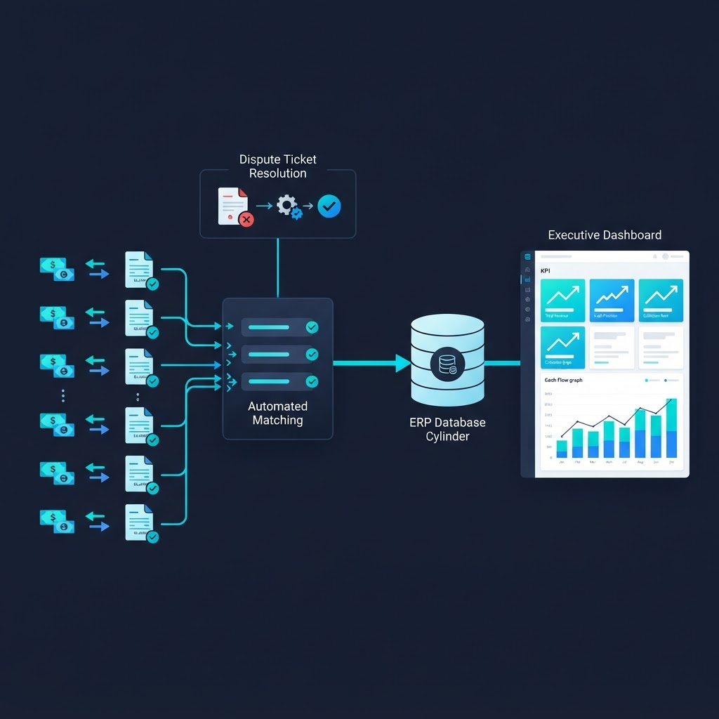 Payments matched to invoices, disputes resolved and an executive cash dashboard connected to an ERP