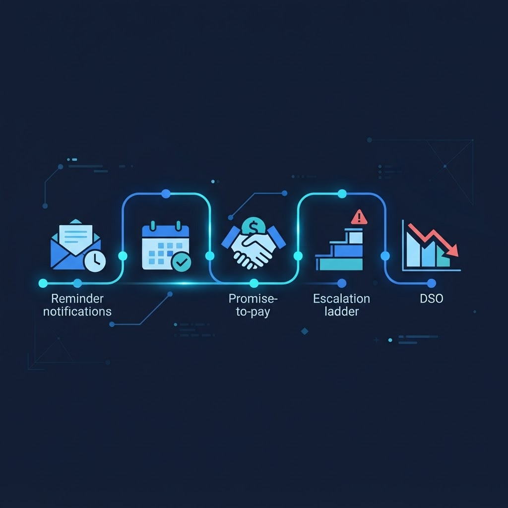 Automated collections workflow with reminders, promise to pay and a falling DSO chart