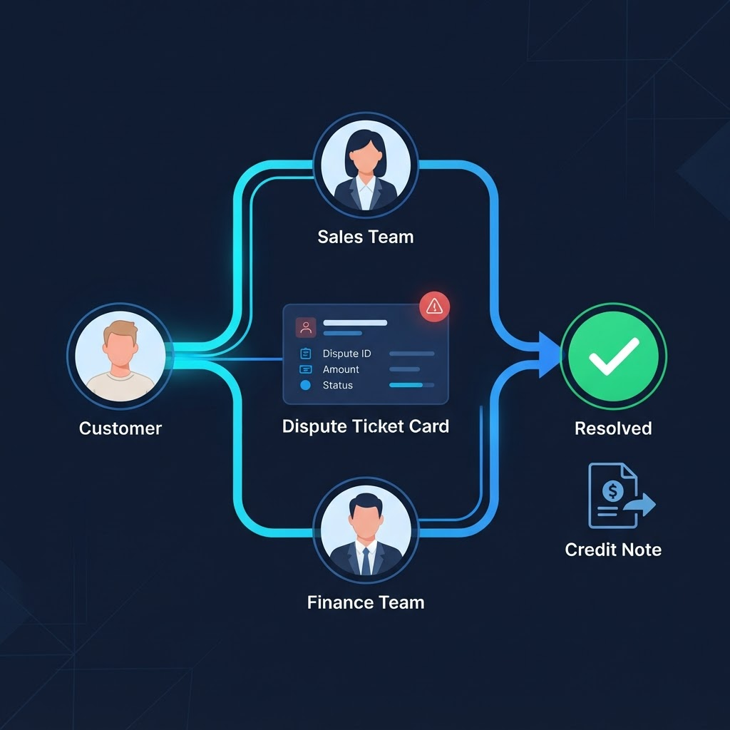 Dispute ticket routed between customer, sales and finance teams and closed with a credit note
