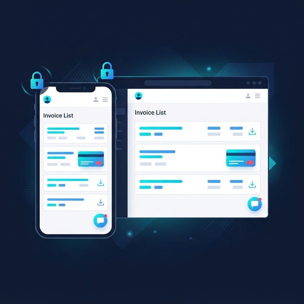 Self-service customer portal on phone and desktop with invoice list, pay now and secure login